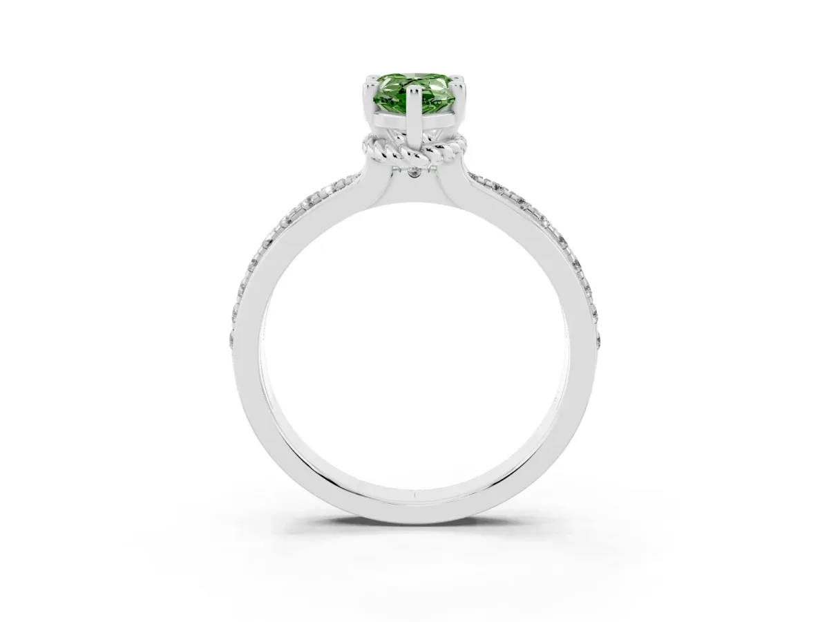 Fancy Green Pear Cut Solitaire Diamond Ring with Channel Set Band and Six-Prong Setting Silver