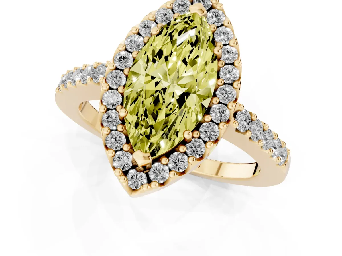 Fancy Yellow Marquise Cut Halo Diamond Pavé Solitaire Ring Yellow gold