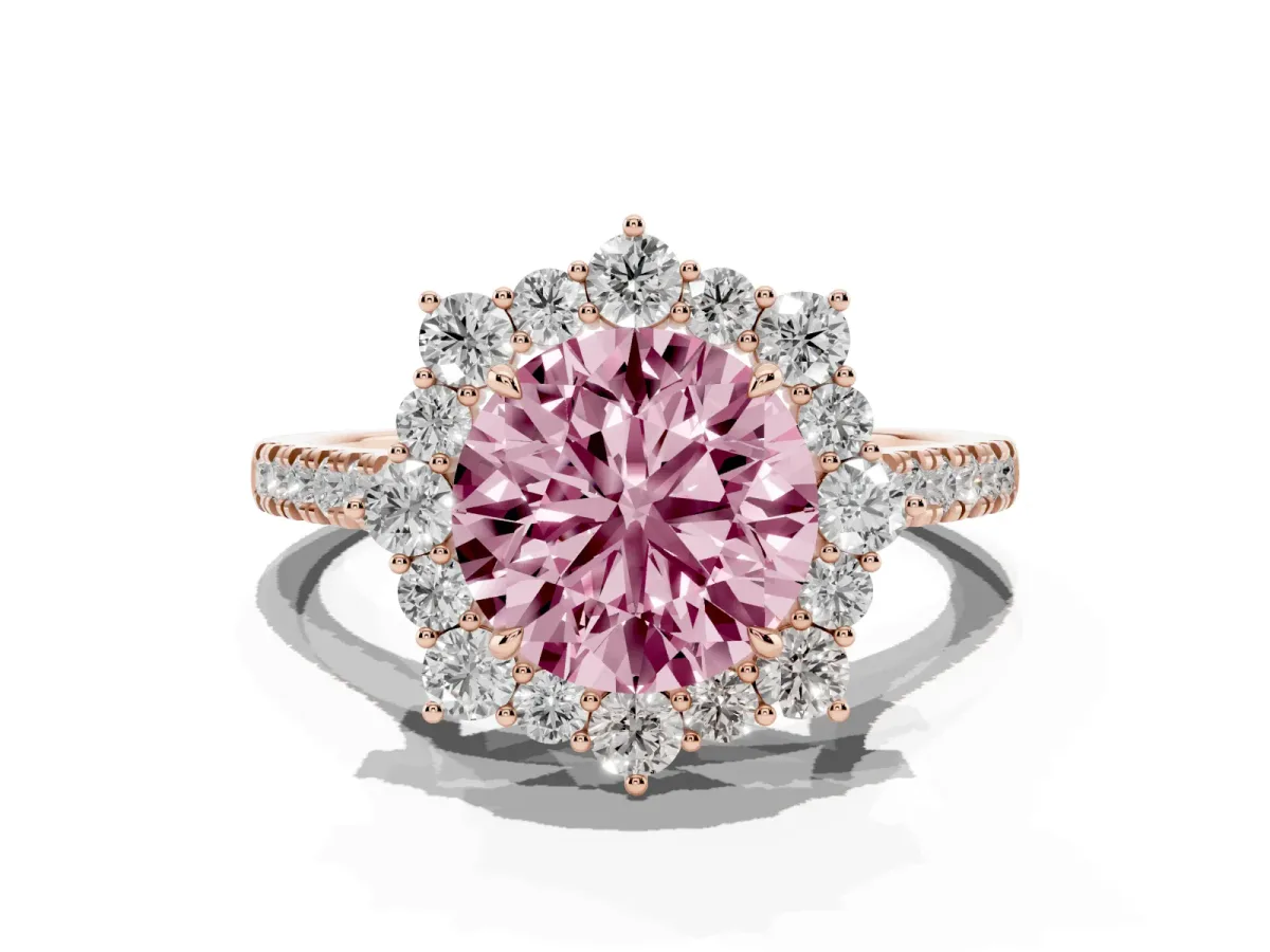 Fancy Pink Round Cut Halo Diamond Ring with Pavé Band and Prong Setting Rose gold