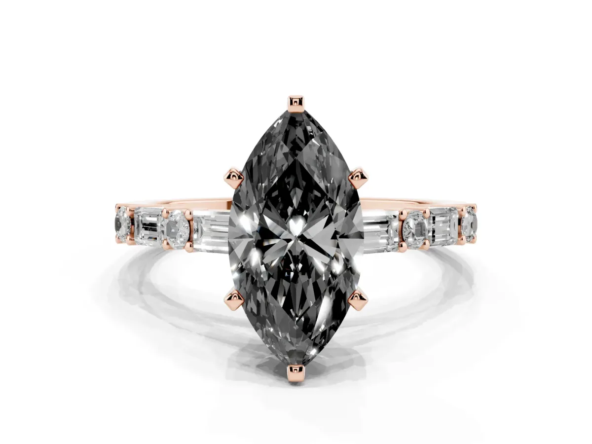 Fancy Black Marquise Cut Diamond Solitaire with Side Baguettes and Channel Set Band Rose gold