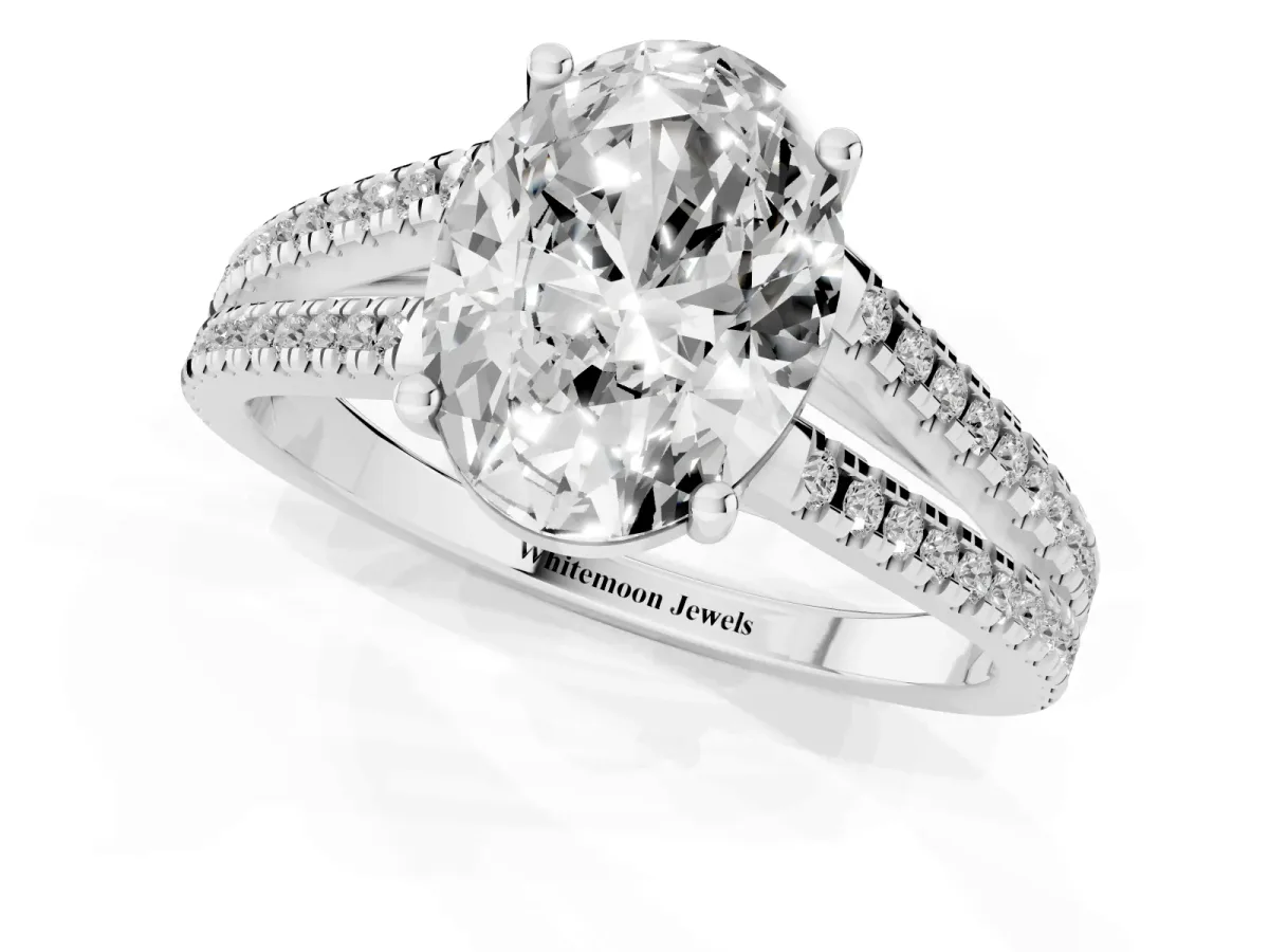 Oval Cut Diamond Solitaire Engagement Ring with Split Shank Pavé Band Silver