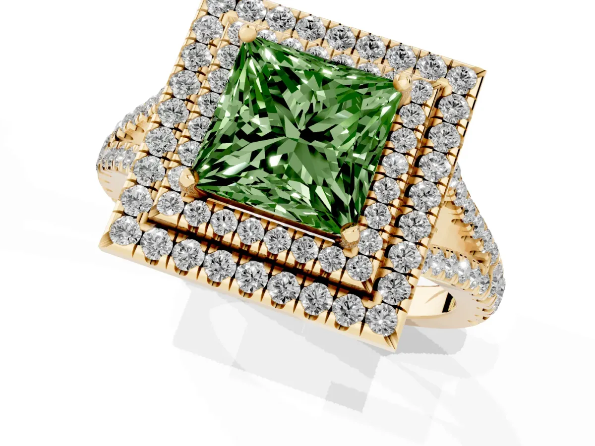 Fancy Green Princess Cut Diamond Double Halo Ring with Pavé Band and Prong Setting Yellow gold
