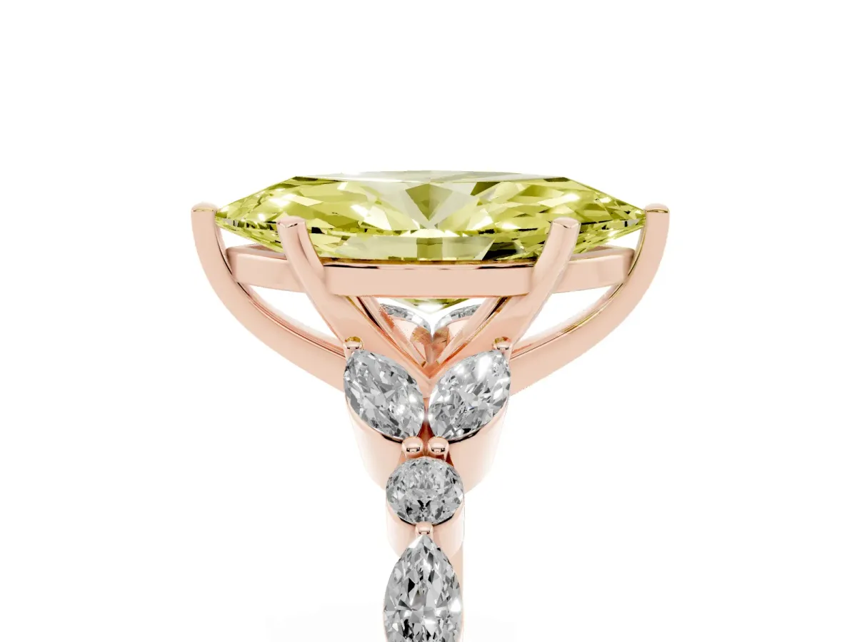 Fancy Yellow Marquise Cut Diamond Solitaire Ring with Side Stones and Four-Prong Setting Rose gold
