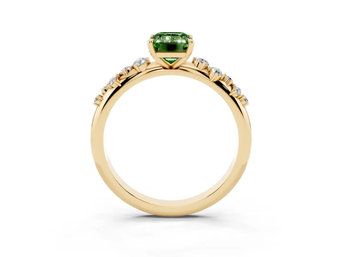 Fancy Green Emerald Cut Diamond Cluster Prong-Set Solitaire Ring Yellow gold