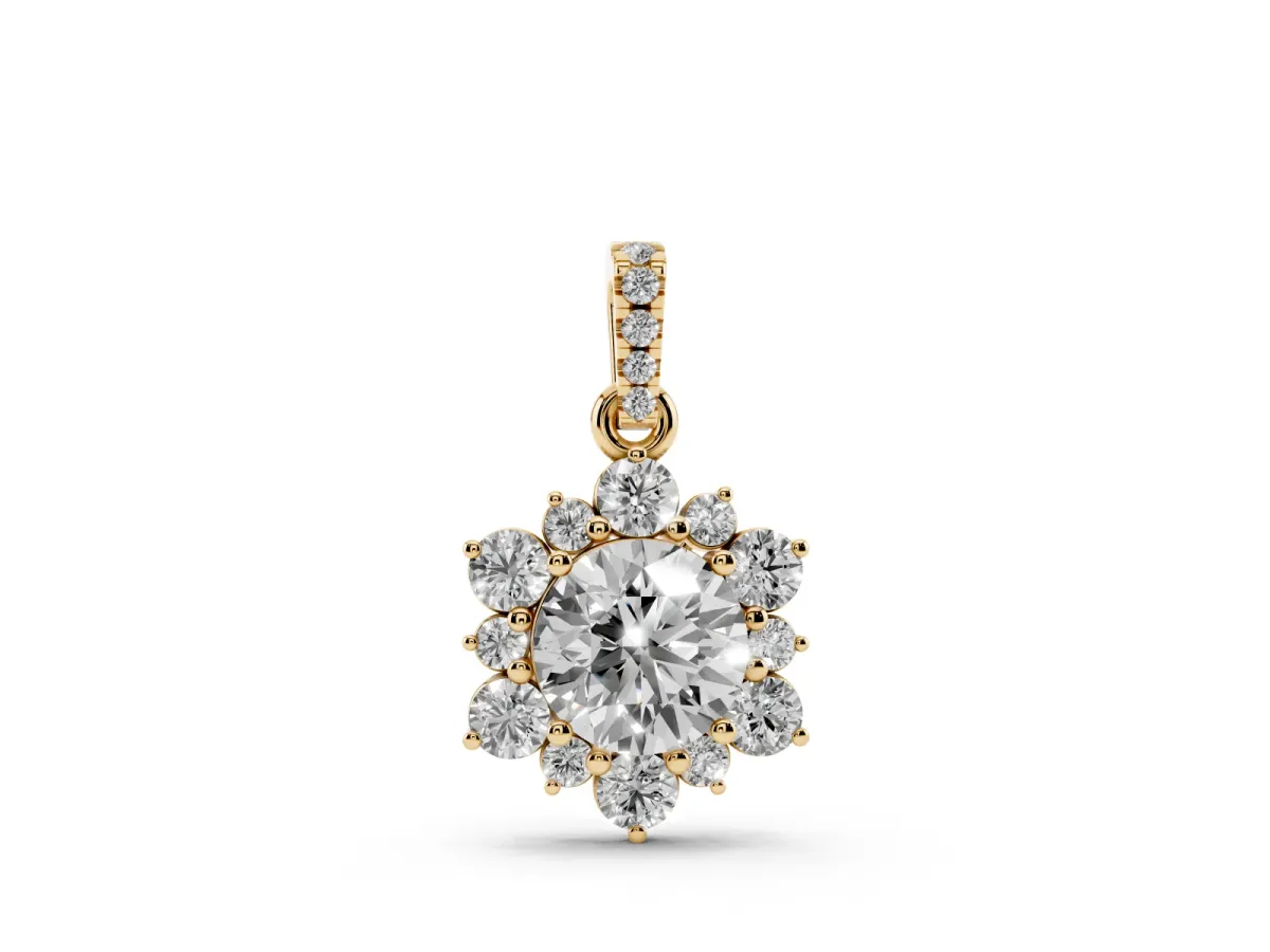 Round Brilliant Cluster Diamond Pendant with Prong Setting Yellow gold
