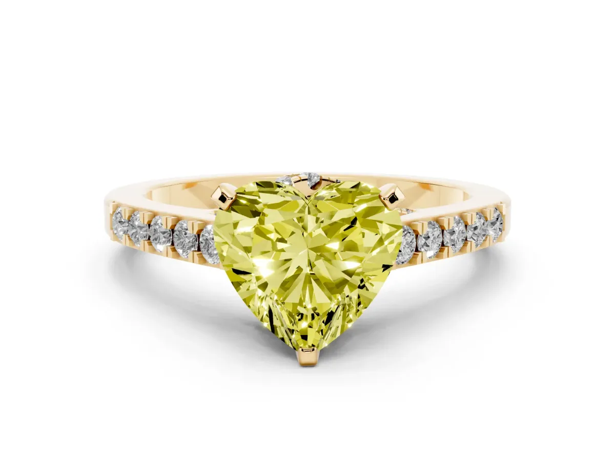 Fancy Yellow Heart Cut Diamond Solitaire Ring with Crossover Gallery and Round Pavé Band Yellow gold