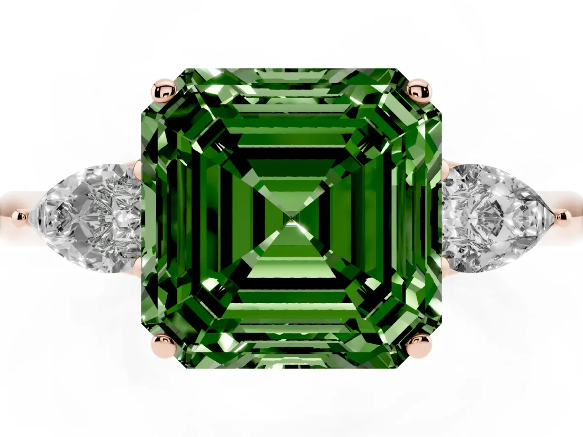Fancy Green Asscher Cut Diamond Three-Stone Ring with Pear Side Stones and Prong Setting Rose gold