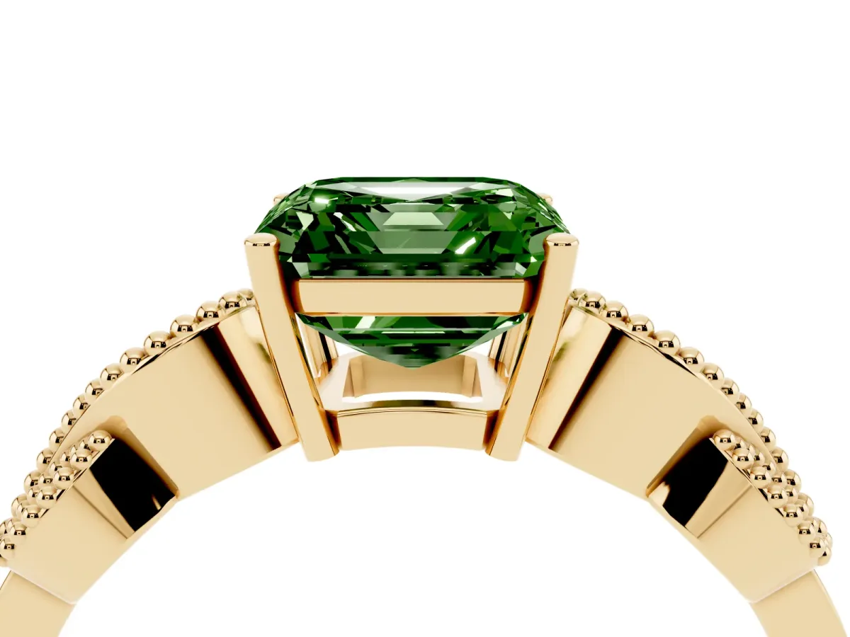 Fancy Green Asscher Cut Solitaire Milgrain Leaf Band with Prong Setting Yellow gold