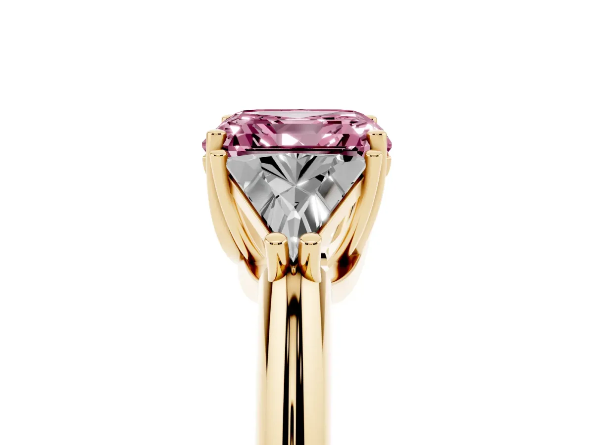 Fancy Pink Three-Stone Asscher Cut Diamond Engagement Ring with Trillion Side Stones and Prong Setting Yellow gold