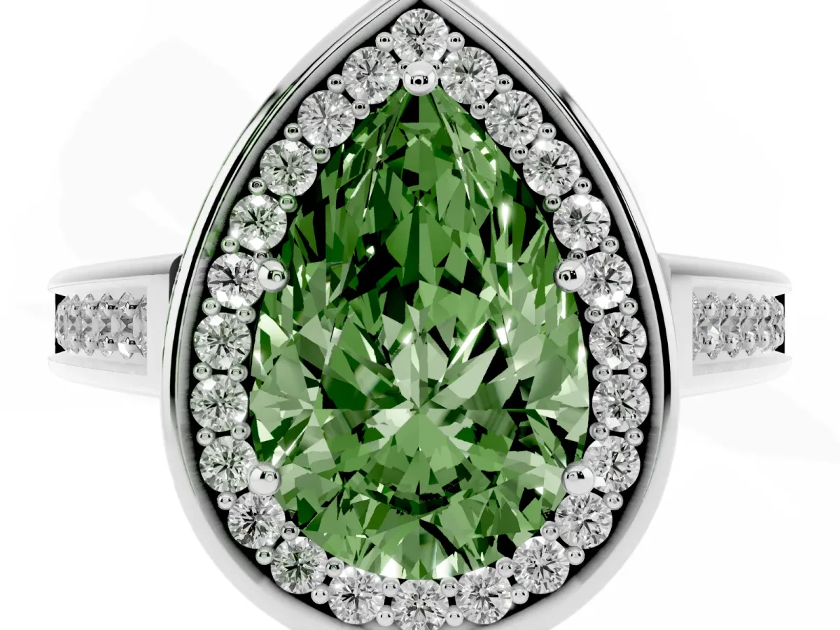 Fancy Green Pear Cut Halo Solitaire Diamond Ring with Pave Band and Bezel Setting Silver
