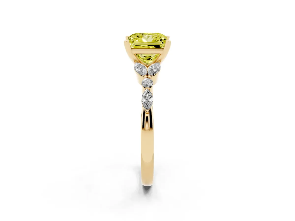 Fancy Yellow Princess Cut Diamond Solitaire Ring with Side Stones and Four-Prong Setting Yellow gold