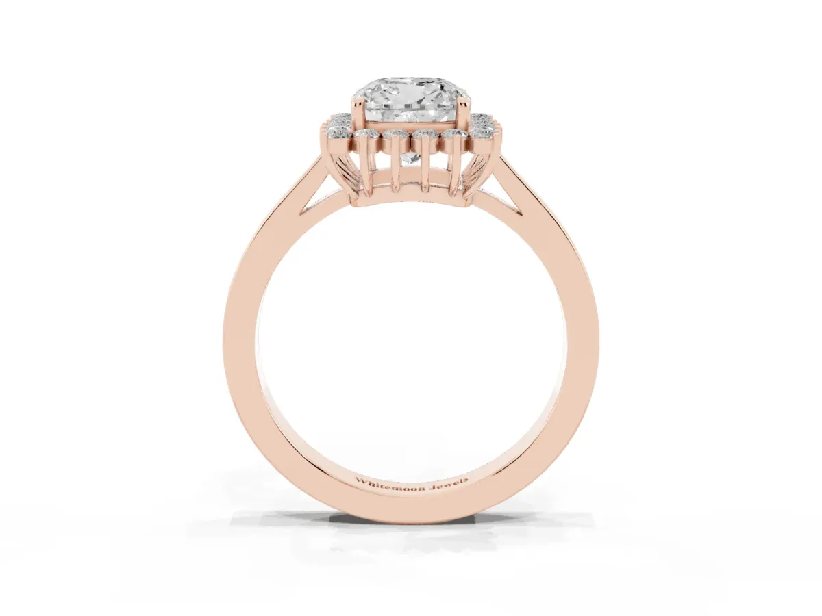 Cushion Cut Cut Diamond Halo Ring with Round Brilliant Halo and Solitaire Band Rose gold