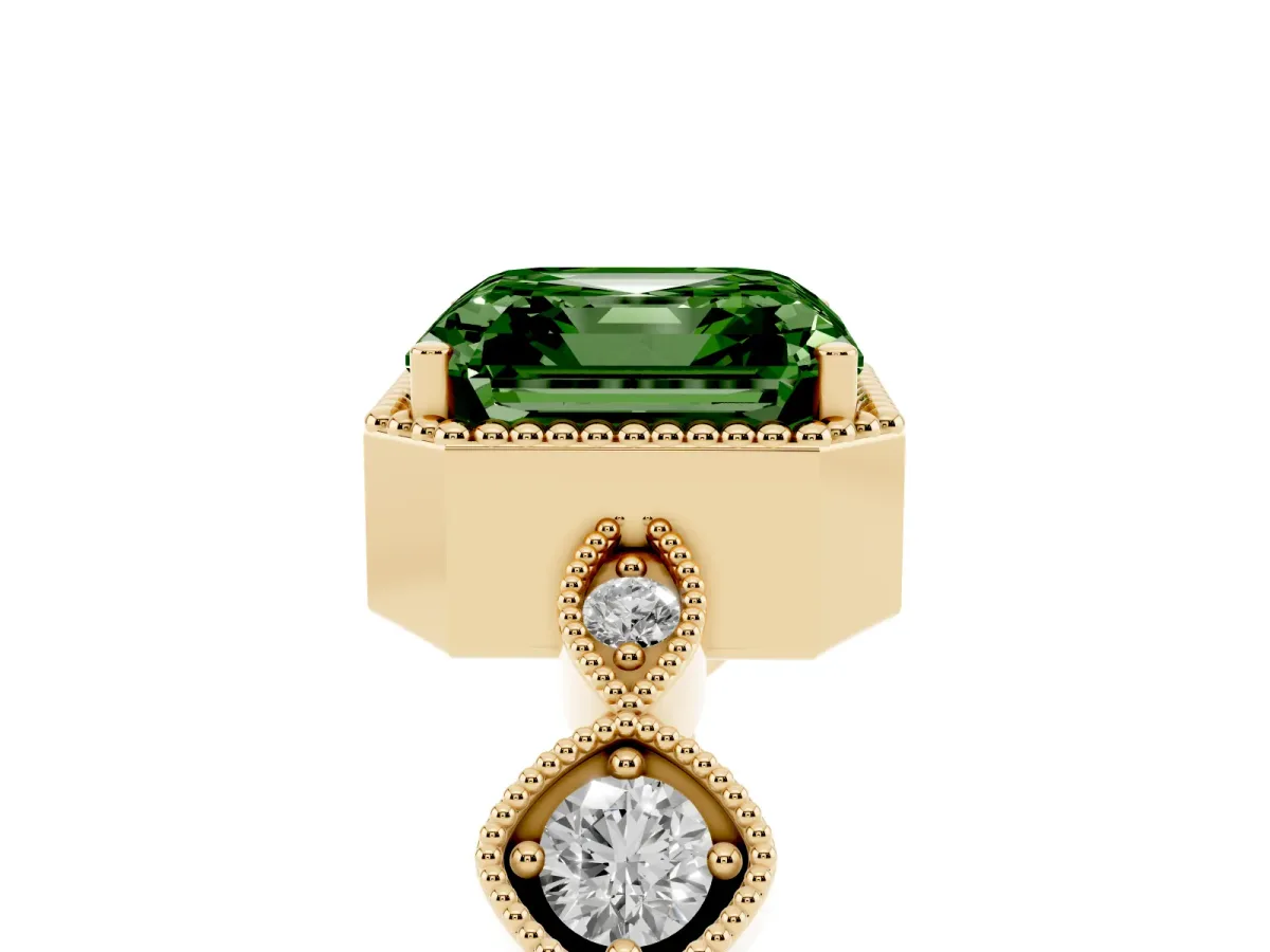 Fancy Green Asscher Cut Diamond Vintage Milgrain Ring with Round Stations Yellow gold