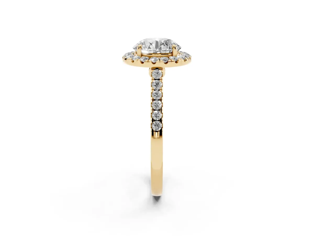 Round Cut Halo Pave Diamond Engagement Ring with Four-Prong Setting Yellow gold