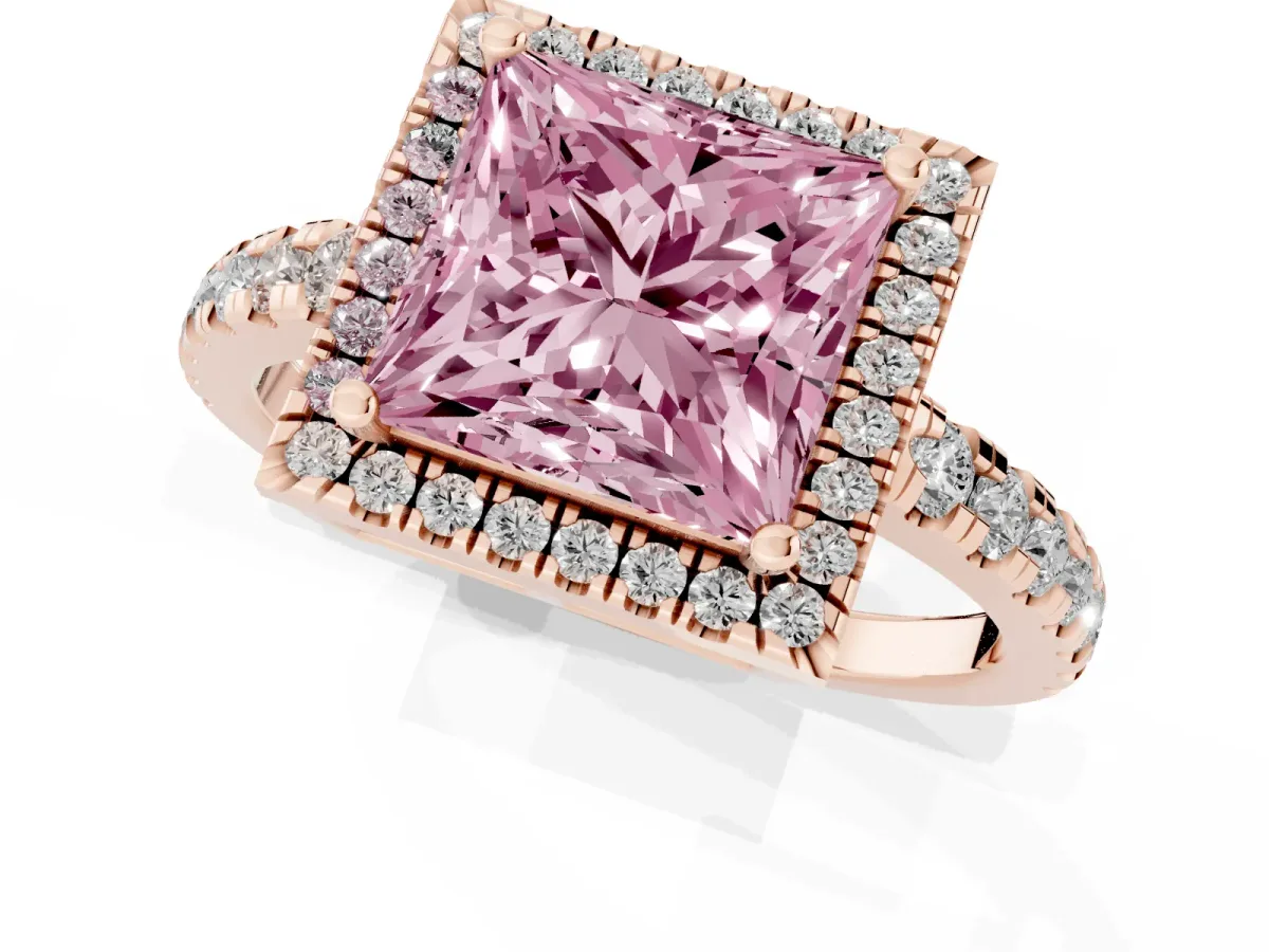 Fancy Pink Princess Cut Diamond Halo Ring with Pavé Band and Four-Prong Setting Rose gold