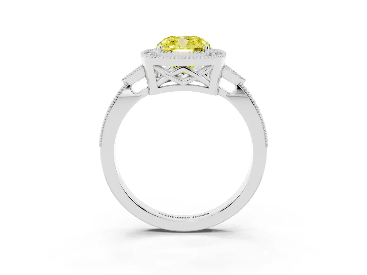 Fancy Yellow Cushion Cut Halo Round Diamond Milgrain Pave Engagement Ring Silver