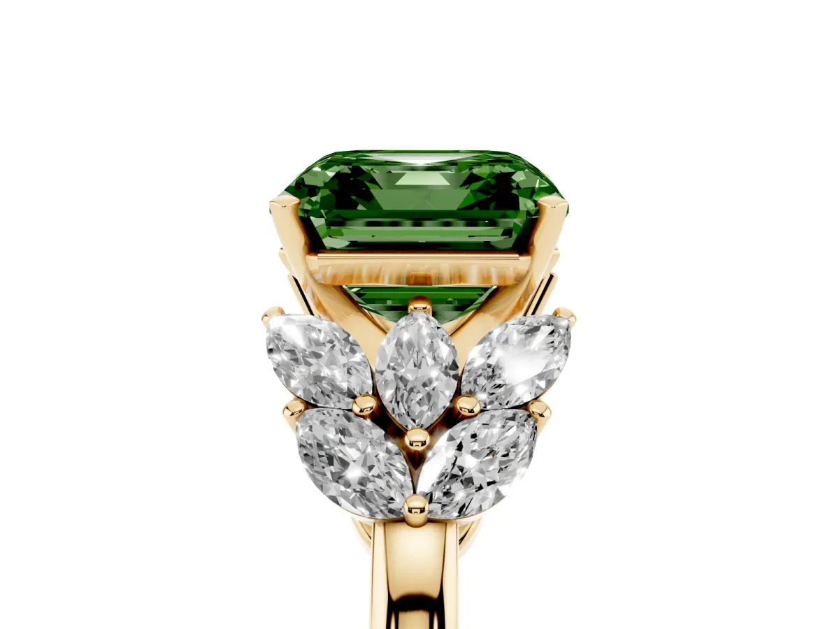 Fancy Green Asscher Cut Diamond Cluster Leaf Design Ring with Prong Setting Yellow gold