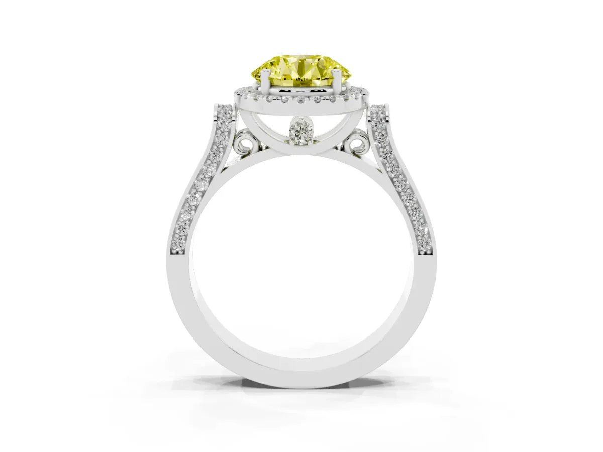 Fancy Yellow Round Cut Halo Pave Split Shank Prong Setting Ring Silver