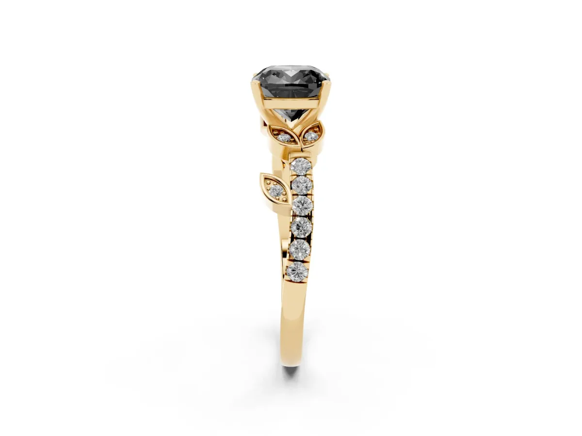 Fancy Black Cushion Cut Solitaire Leaf-Inspired Diamond Ring with Pavé Band and Four-Prong Setting Yellow gold