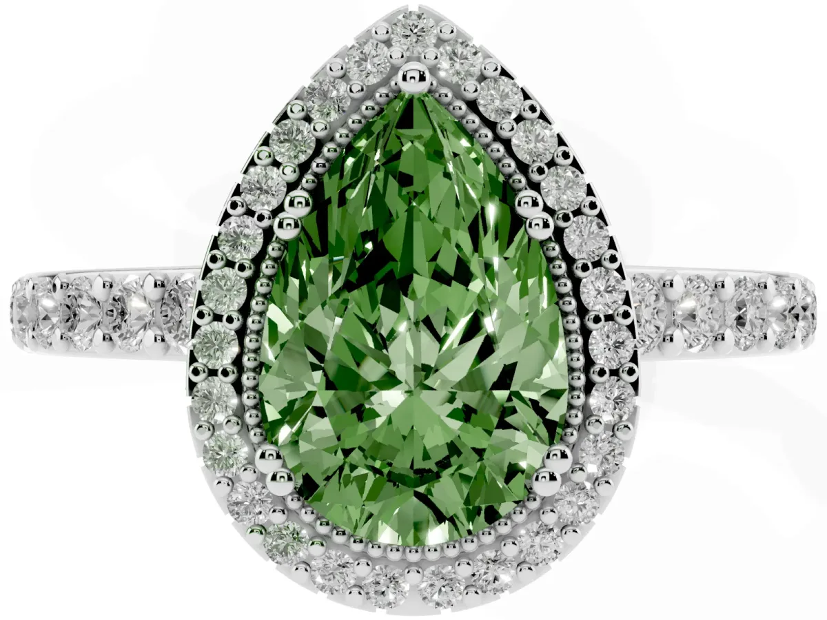 Fancy Green Pear Cut Cut Diamond Halo Engagement Ring with Milgrain Detail and Pavé Band Silver