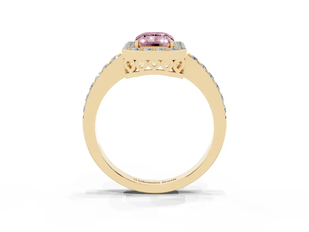 Fancy Pink Emerald Cut Halo Diamond Pavé Band Ring with Prong Setting Yellow gold
