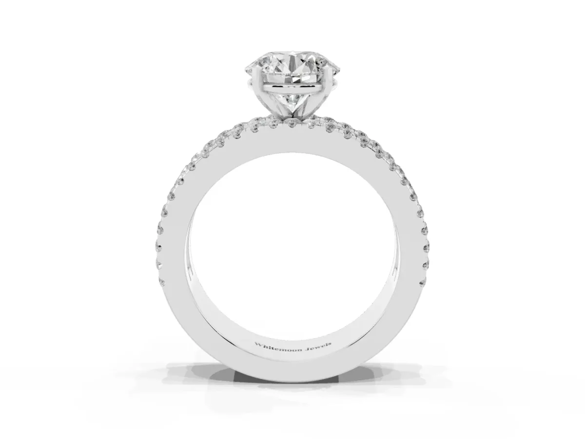 Round Cut Diamond Solitaire Ring with Pavé and Channel Set Band Silver