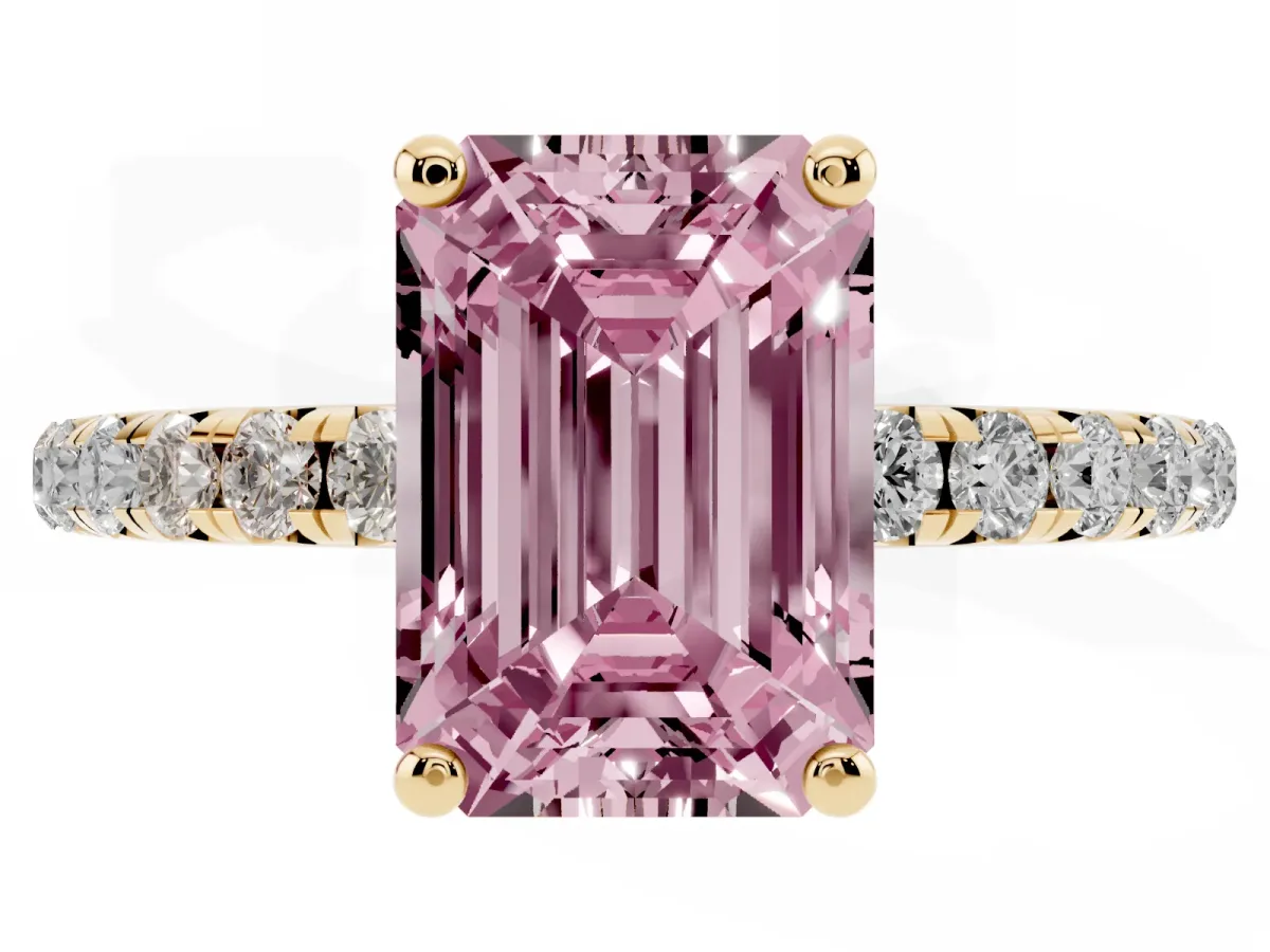 Fancy Pink Emerald Cut Cut Diamond Solitaire Ring with Micro Pave Band and Four Prong Setting Yellow gold