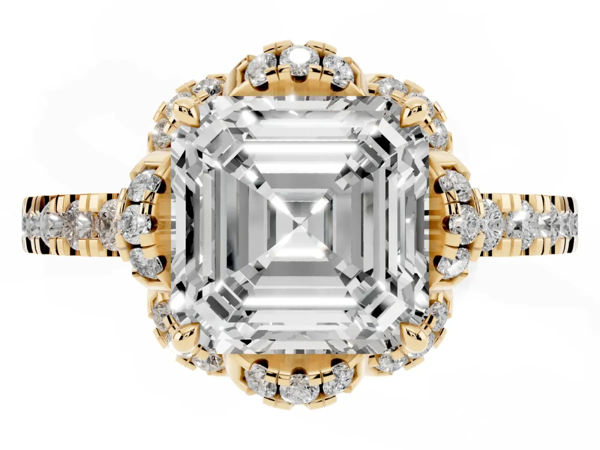 Asscher Cut Halo Diamond Pave Band Ring with Four-Prong Setting Yellow gold