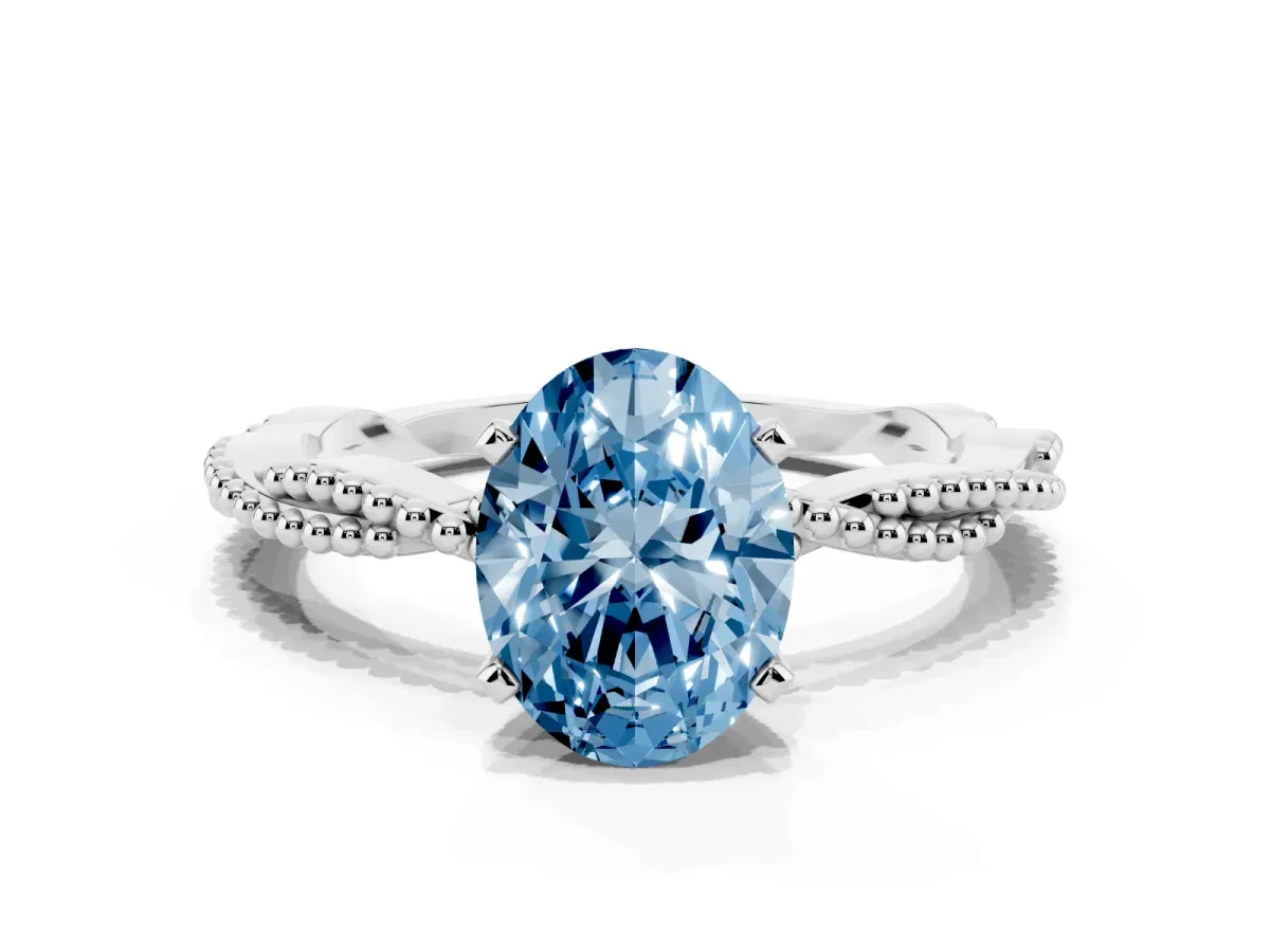 Fancy Blue Oval Cut Solitaire Twisted Band with Bead Prong Setting White gold