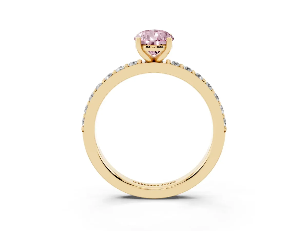 Fancy Pink Pear Cut Cut Diamond Solitaire with Pave Band and Four-Prong Setting Yellow gold
