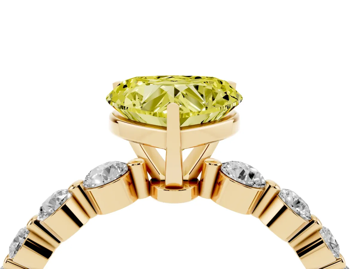 Fancy Yellow Heart Cut Solitaire Diamond Ring with Pave Band and Four-Prong Setting Yellow gold