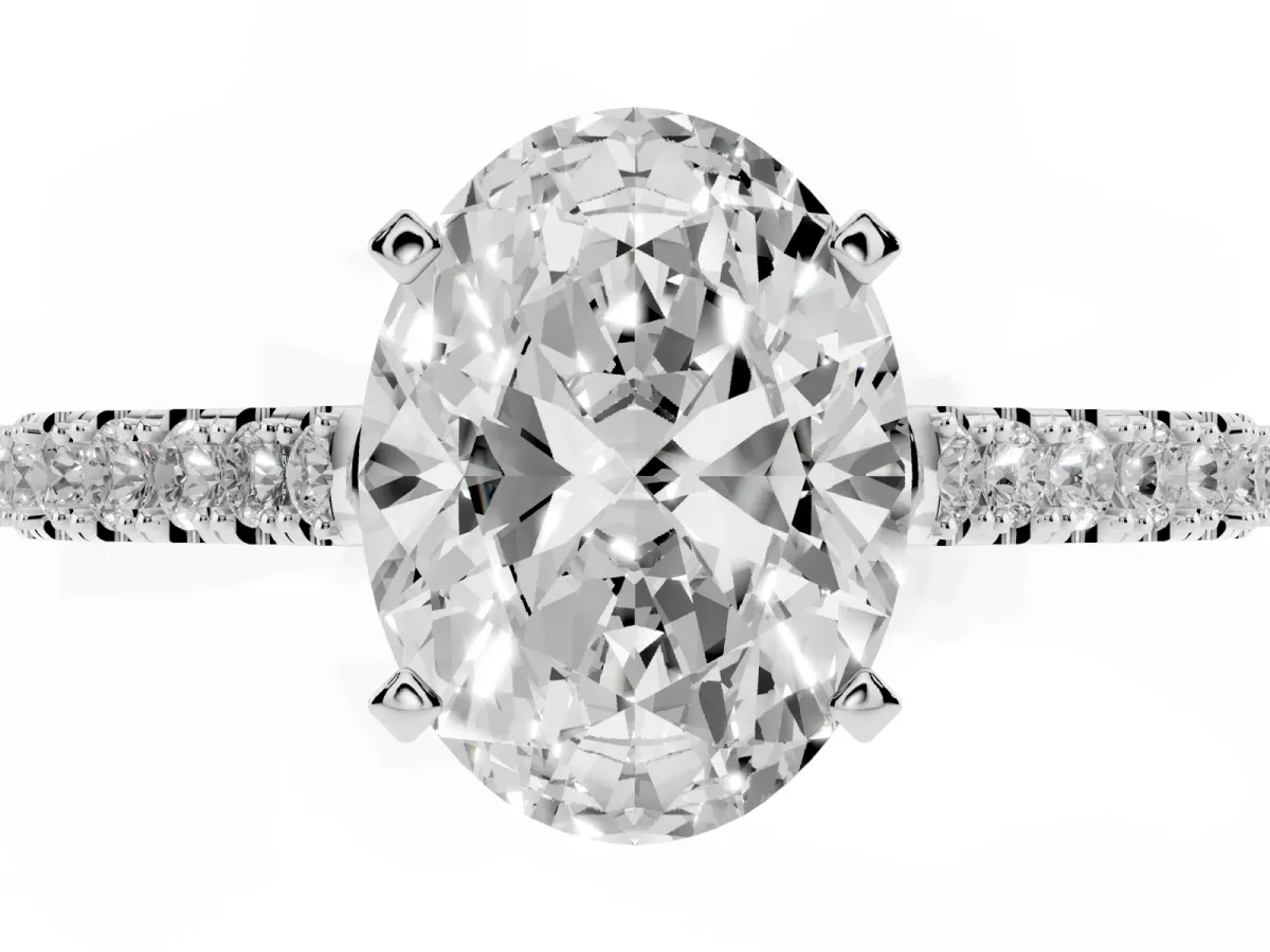 Oval Cut Cut Solitaire Diamond Engagement Ring with Pave Band and Four-Prong Setting Silver