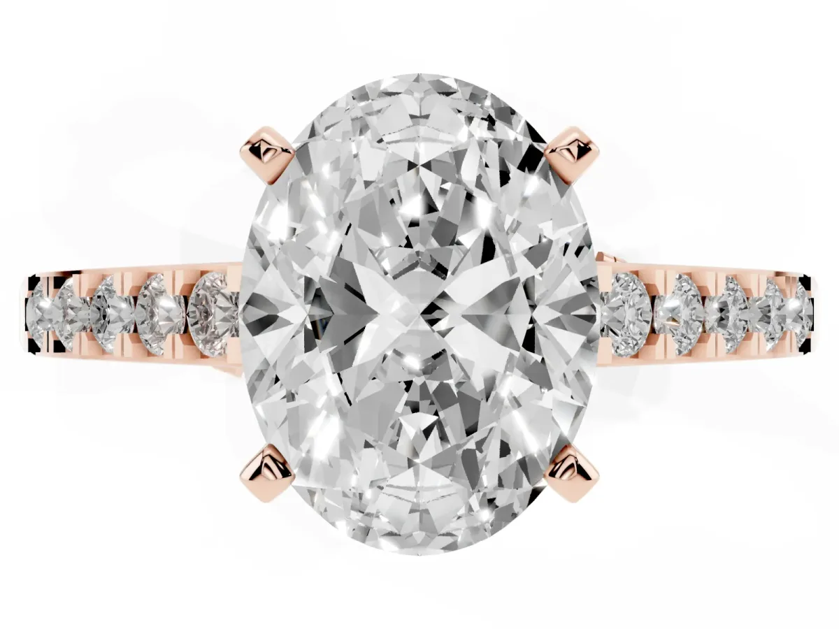 Oval Cut Diamond Solitaire Ring with Crossover Gallery and Round Pavé Band Rose gold