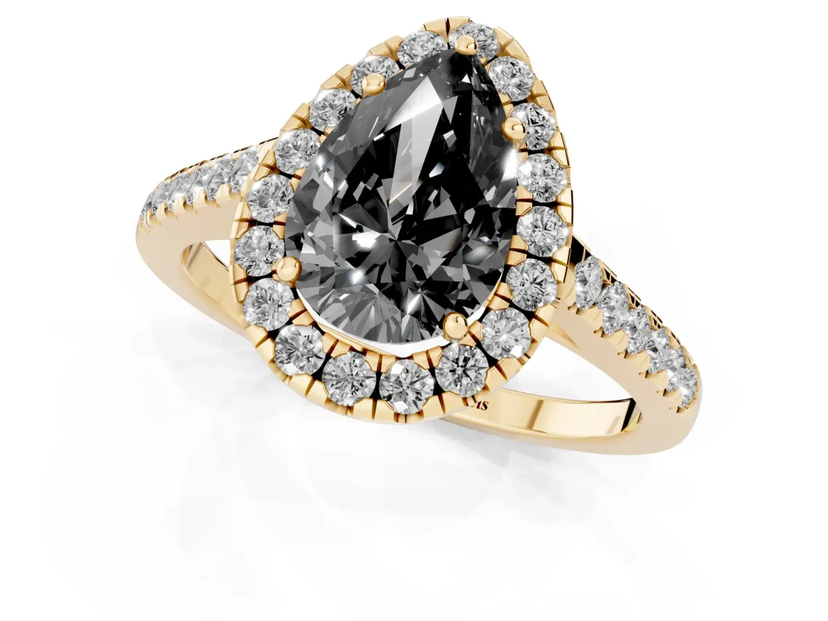 Fancy Black Pear Cut Halo Pave Diamond Engagement Ring with Four-Prong Setting Yellow gold