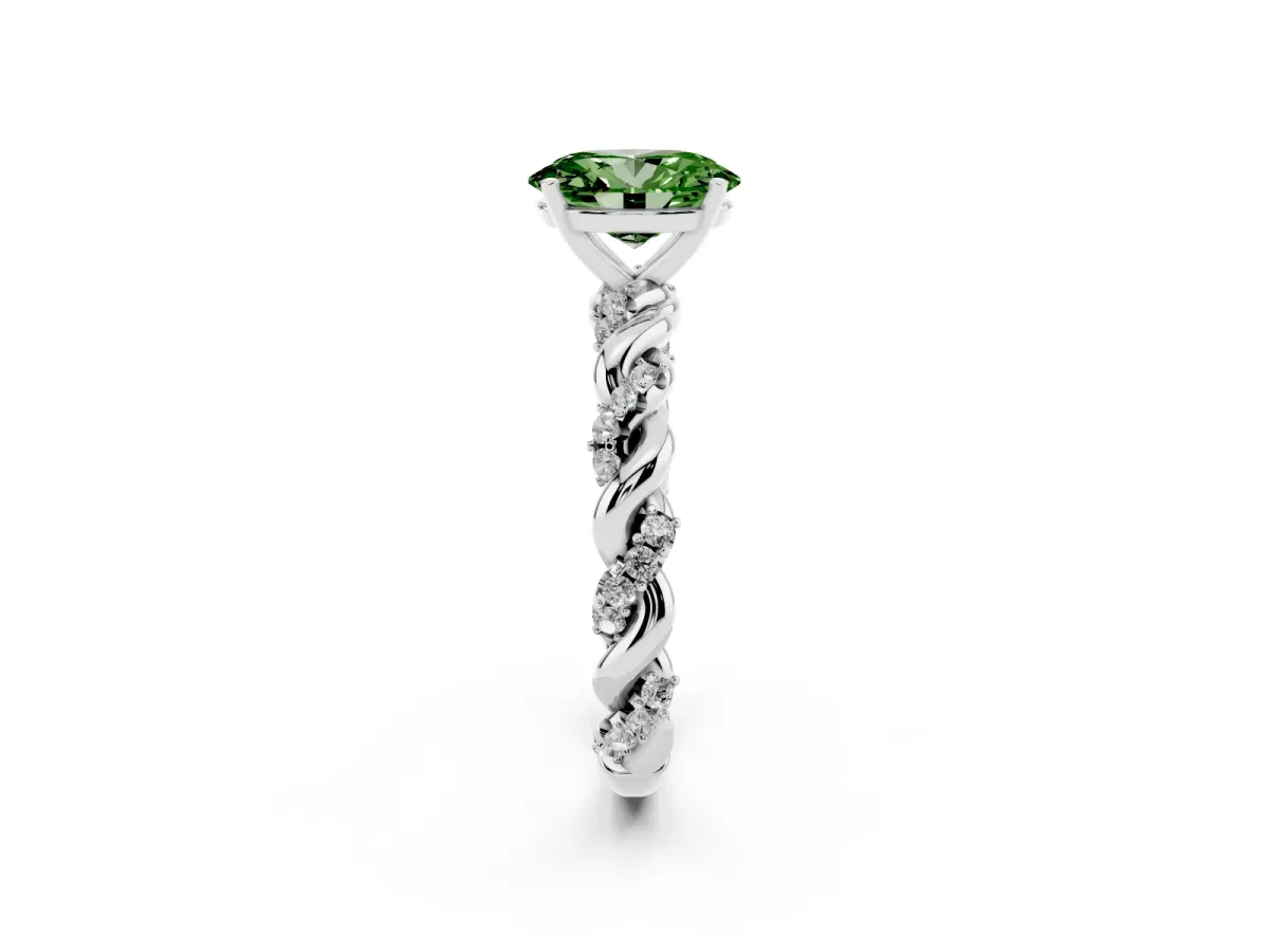 Fancy Green Oval Cut Diamond Solitaire Ring with Twisted Band and Pavé Accents White gold