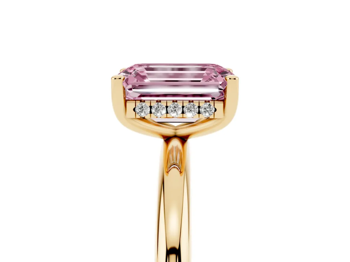 Fancy Pink Emerald Cut Cut Solitaire Engagement Ring with Four-Prong Setting and Classic Band Yellow gold
