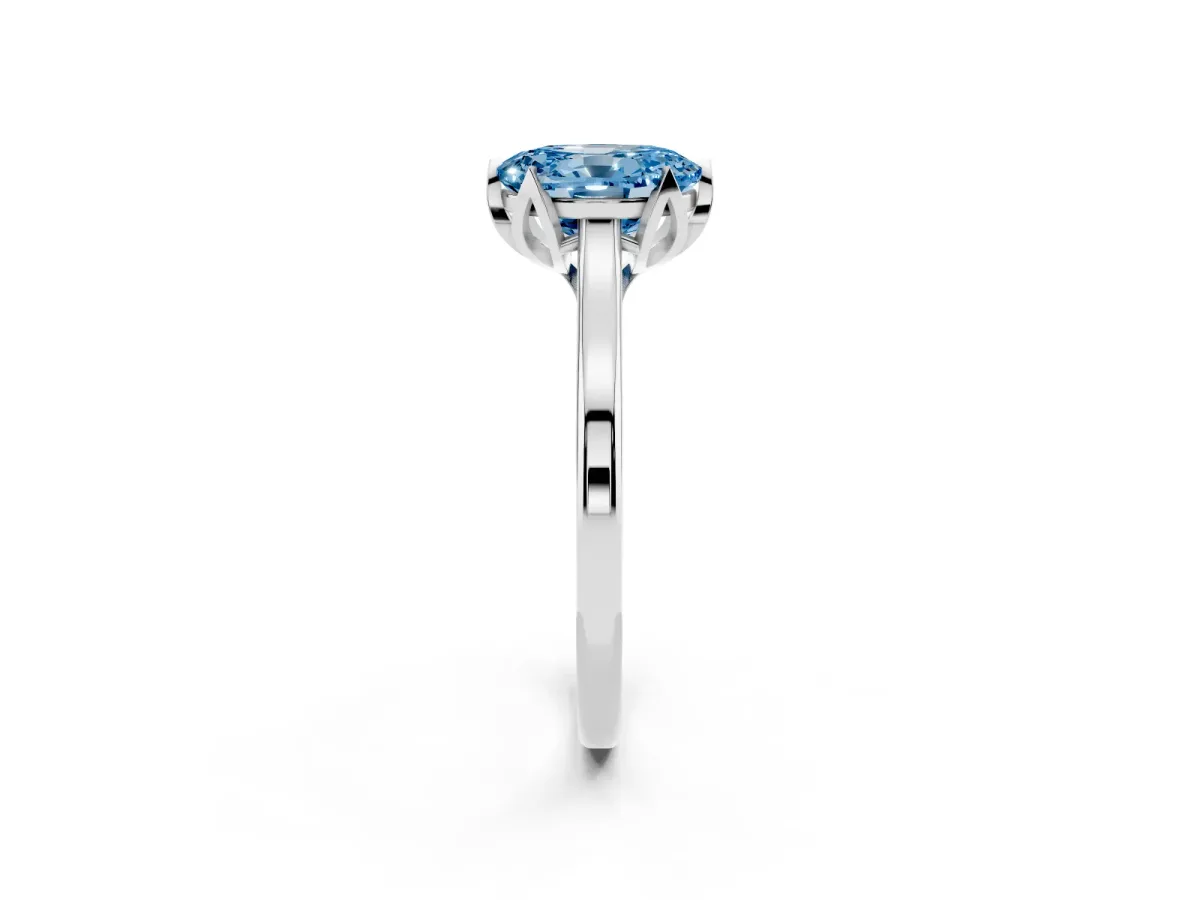 Fancy Blue Oval Cut Diamond Solitaire Ring with Flower Prong Setting and Classic Band Silver