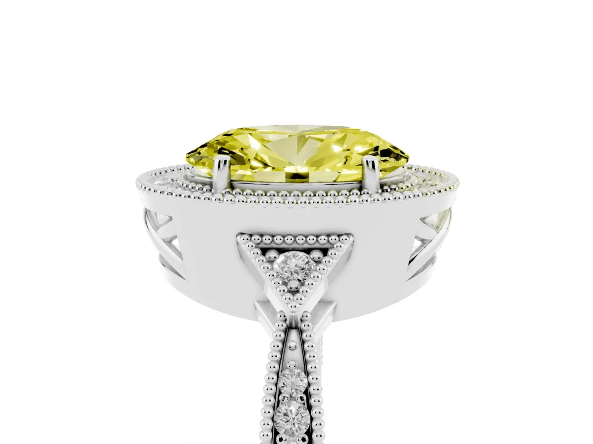 Fancy Yellow Oval Cut Halo Round Diamond Milgrain Pave Engagement Ring Platinum