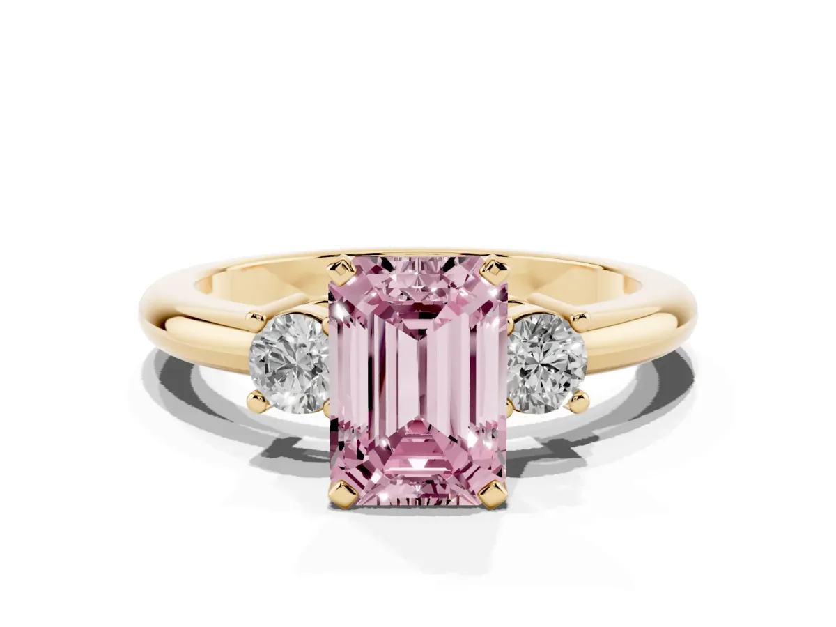 Fancy Pink Three-Stone Emerald Cut Cut Diamond Solitaire with Prong Setting and Classic Band Yellow gold