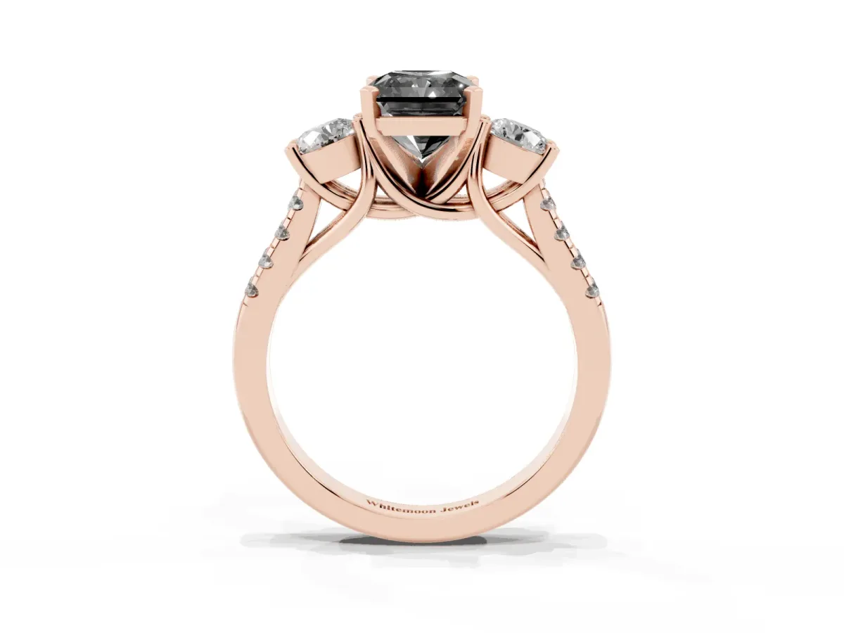 Fancy Black Three-Stone Radiant Cut Diamond Pavé Band with Four-Prong Setting Rose gold