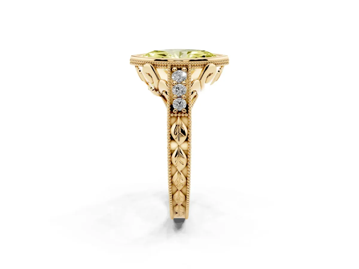 Fancy Yellow Bezel Set Marquise Cut Diamond Milgrain Pave Engagement Ring Yellow gold