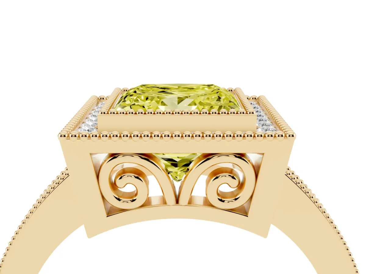 Fancy Yellow Princess Cut Cut Halo Diamond Ring with Pavé Band and Milgrain Prong Setting Yellow gold