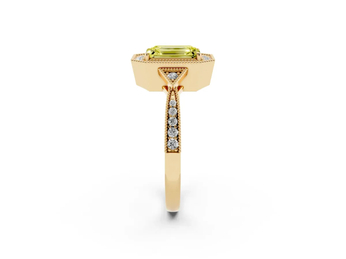 Fancy Yellow Emerald Cut Halo Round Diamond Milgrain Pave Engagement Ring Yellow gold