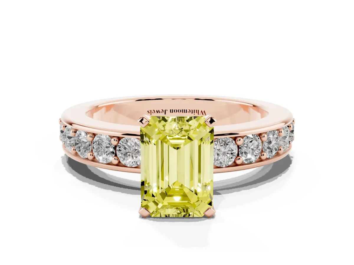 Fancy Yellow Emerald Cut Diamond Engagement Ring with Channel Set Round Band and Prong Setting Rose gold