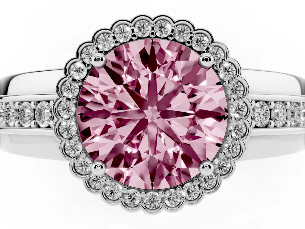 Fancy Pink Round Cut Cut Halo Pave Band Four-Prong Ring Platinum