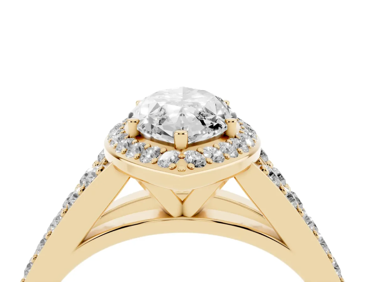Marquise Cut Diamond Split Shank Halo Ring with Four-Prong Setting Yellow gold