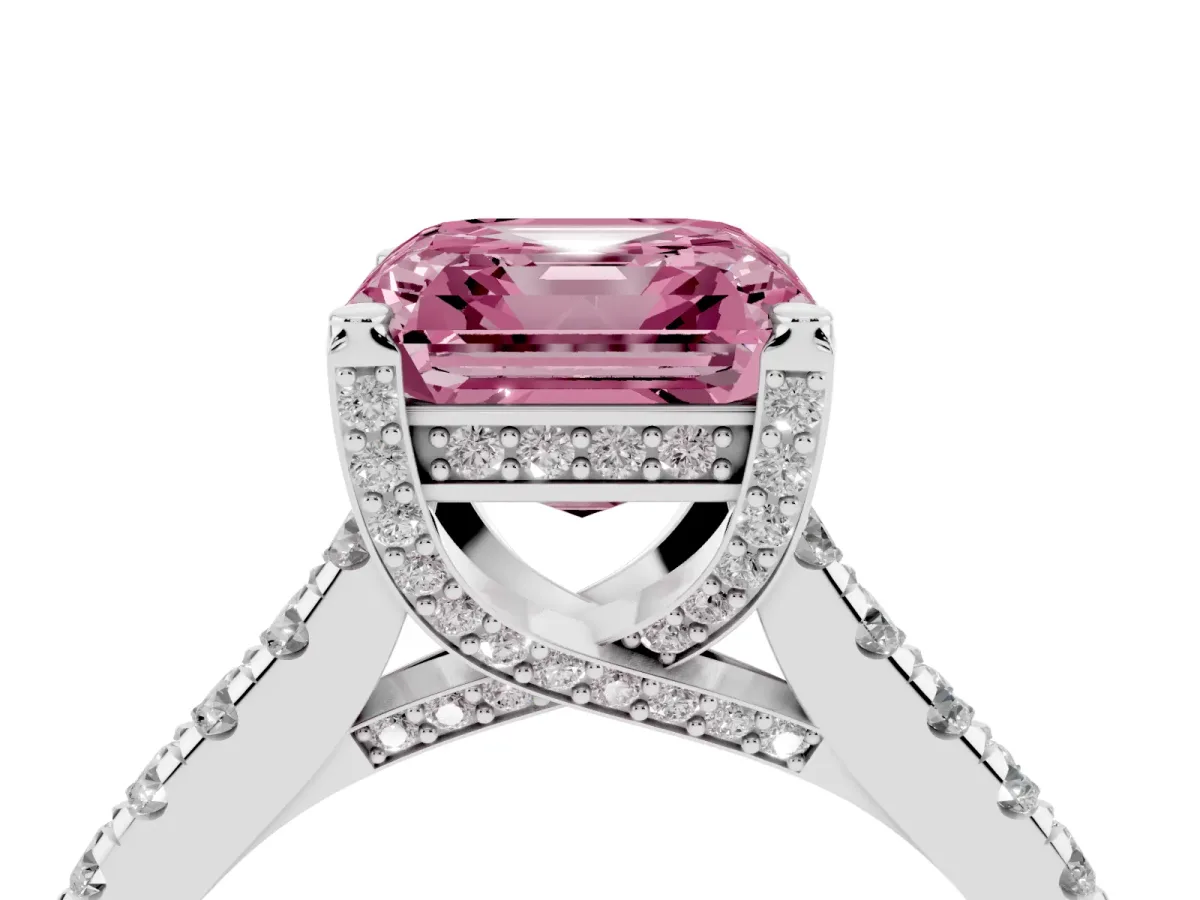 Fancy Pink Asscher Cut Brilliant Diamond Solitaire with Pavé Band and Four-Prong Setting Silver