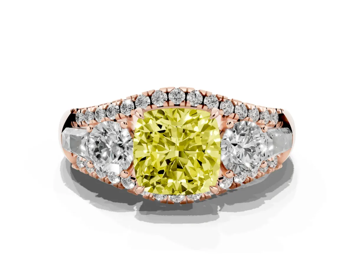 Fancy Yellow Three-Stone Cushion Cut Diamond Engagement Ring with Pave Band and Prong Setting Rose gold