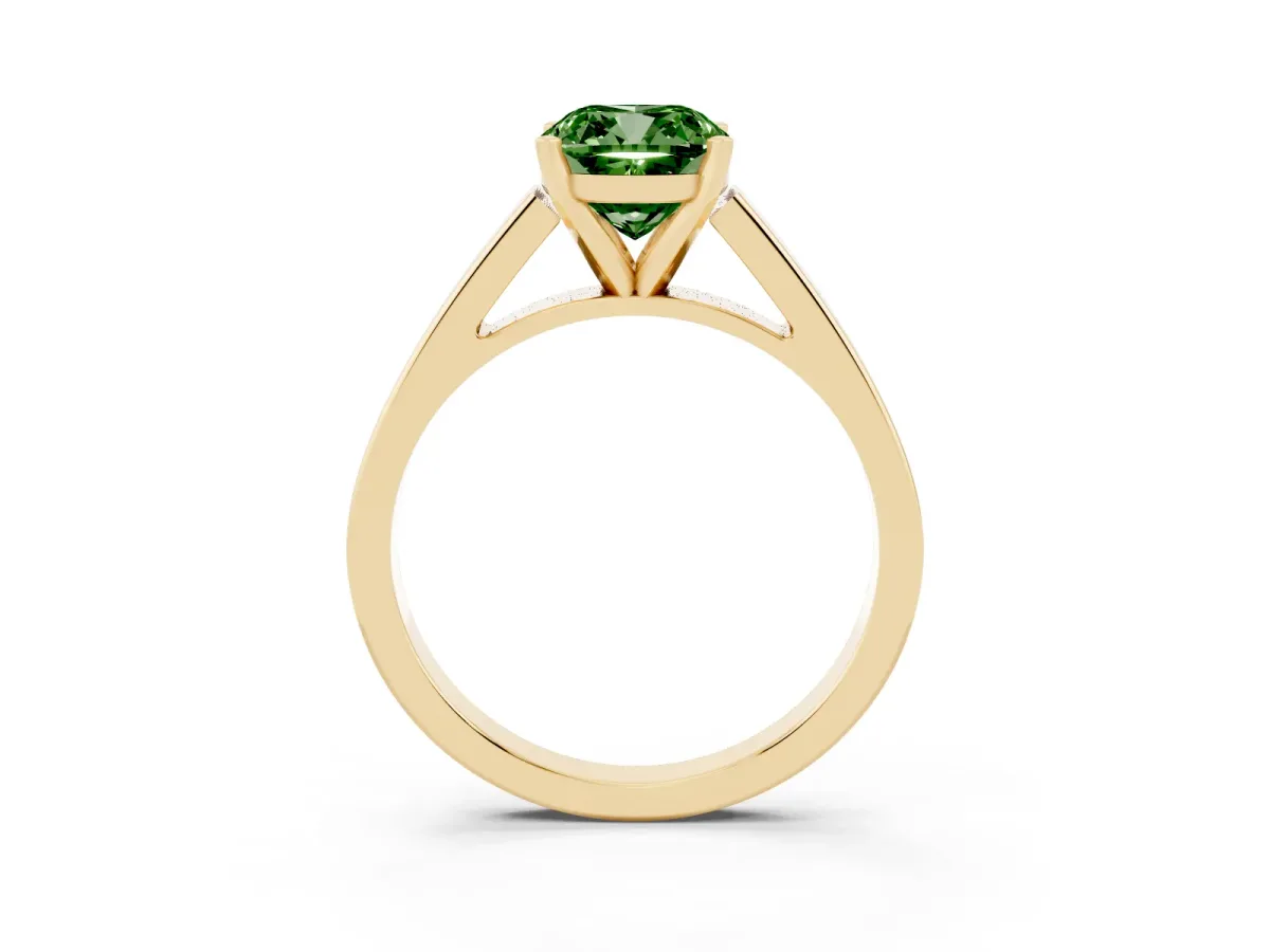 Fancy Green Cushion Cut Solitaire Engagement Ring with Four-Prong Setting and Tapered Band Yellow gold