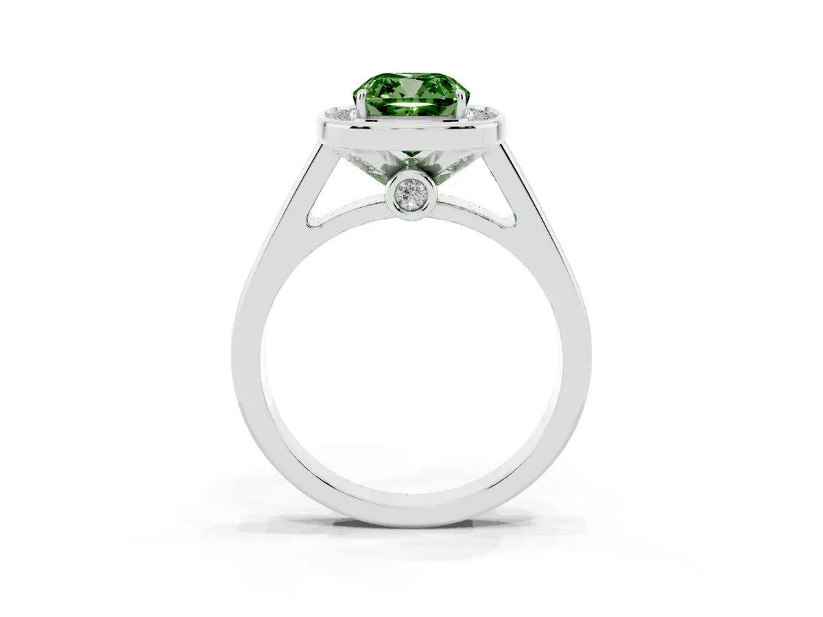 Fancy Green Cushion Cut Halo Solitaire Diamond Ring with Pave Band and Bezel Setting Platinum